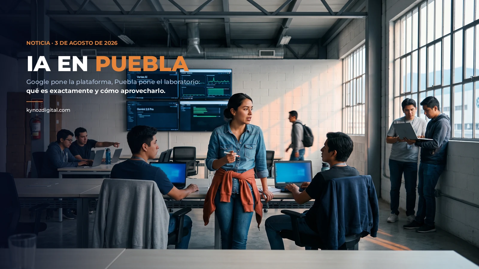 Computer lab inside an industrial building in Puebla: a young woman standing coordinates a group working on laptops, with a wall of lit screens behind them and the industrial park through the window; headline reads IA en Puebla